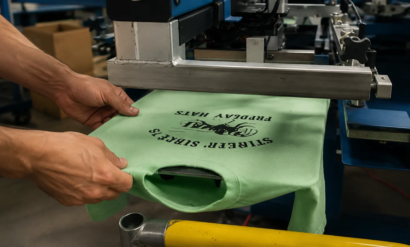 Operator pulling a freshly printed garment